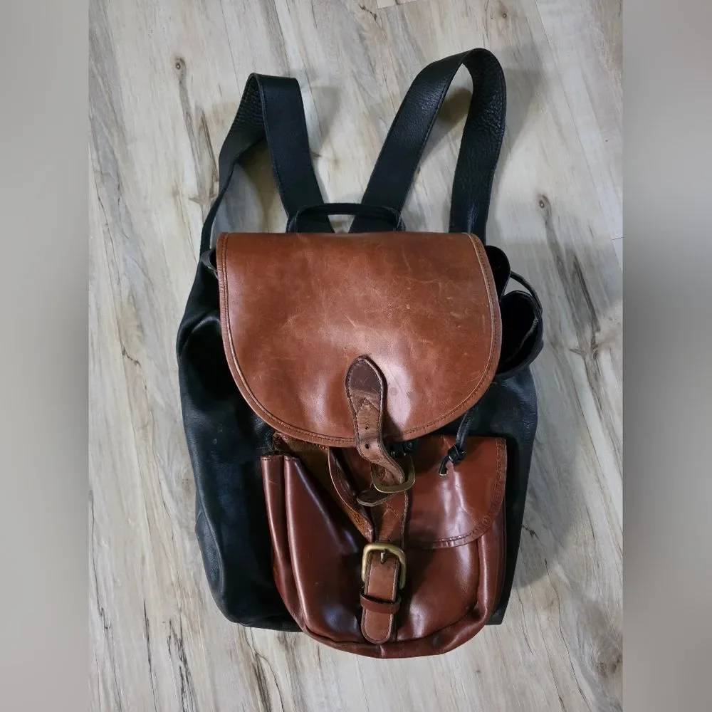 Two Tone Brown and Black Leather Full Size Buckle Closure Backpack 16x14